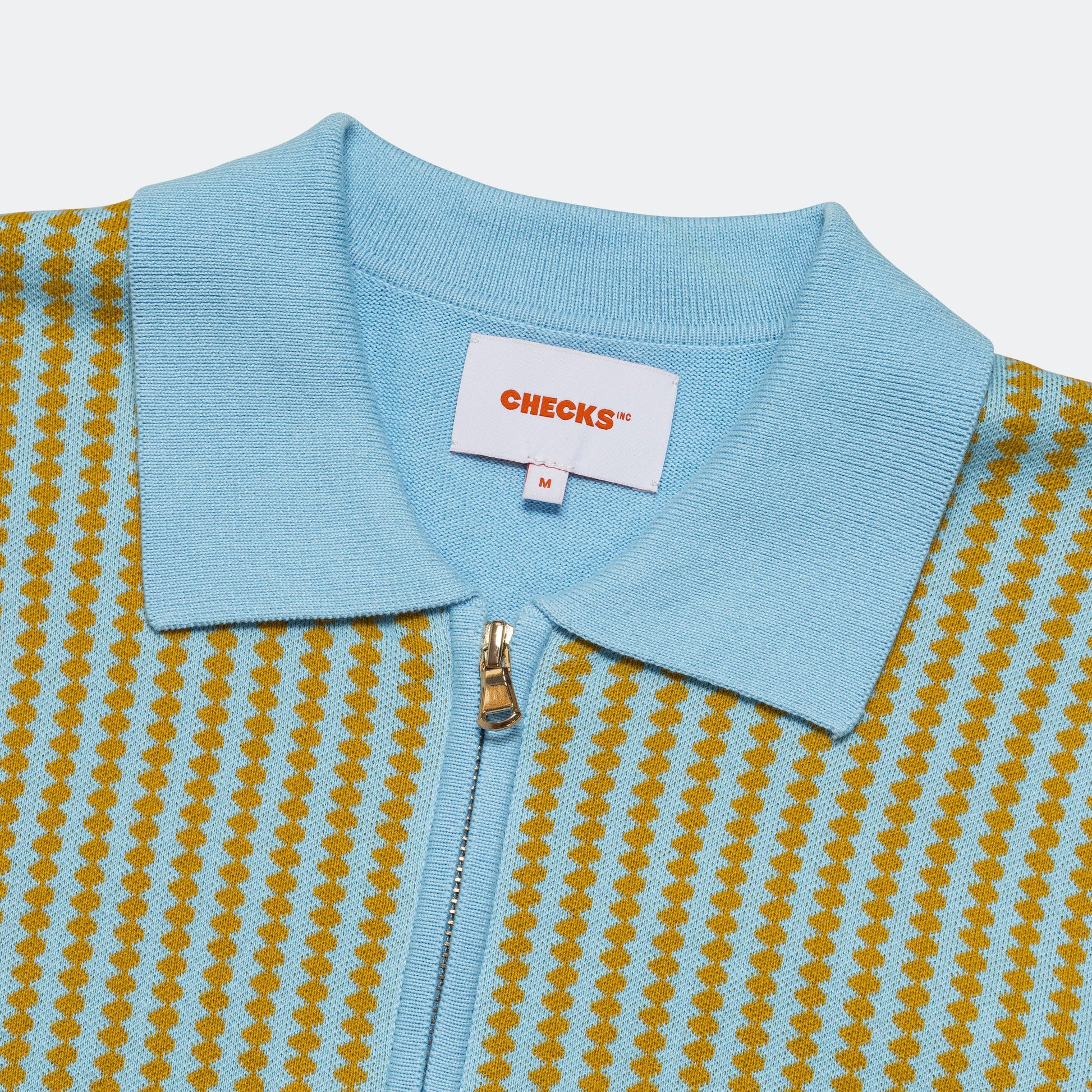 Zip-Through Polo Shirt - Sky Blue/Mustard