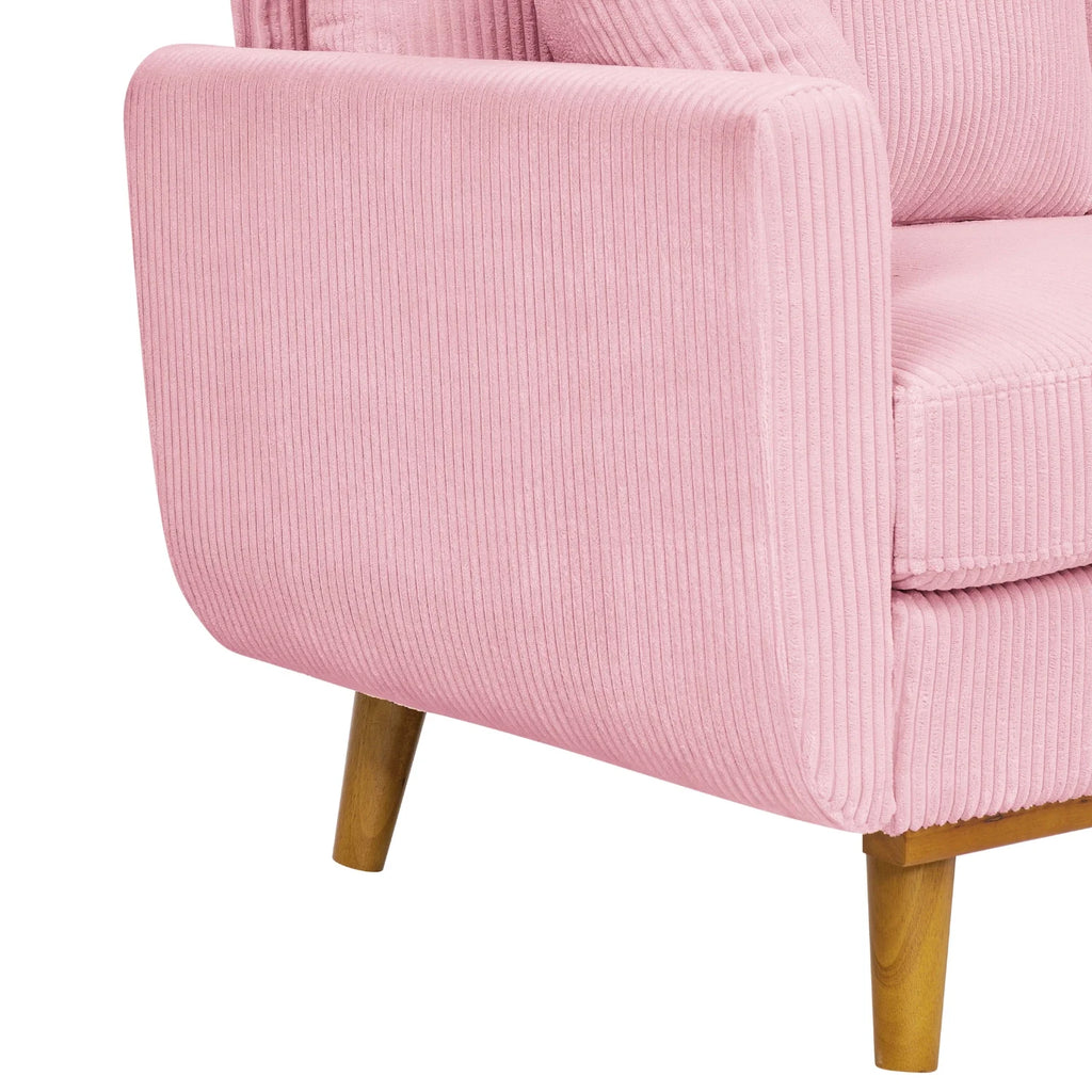 Pink Mid-Century Corduroy 2-Seater Sofa with Solid Wood Legs and Accent Pillows – 65” Asher Couch for Living Room or Apartment