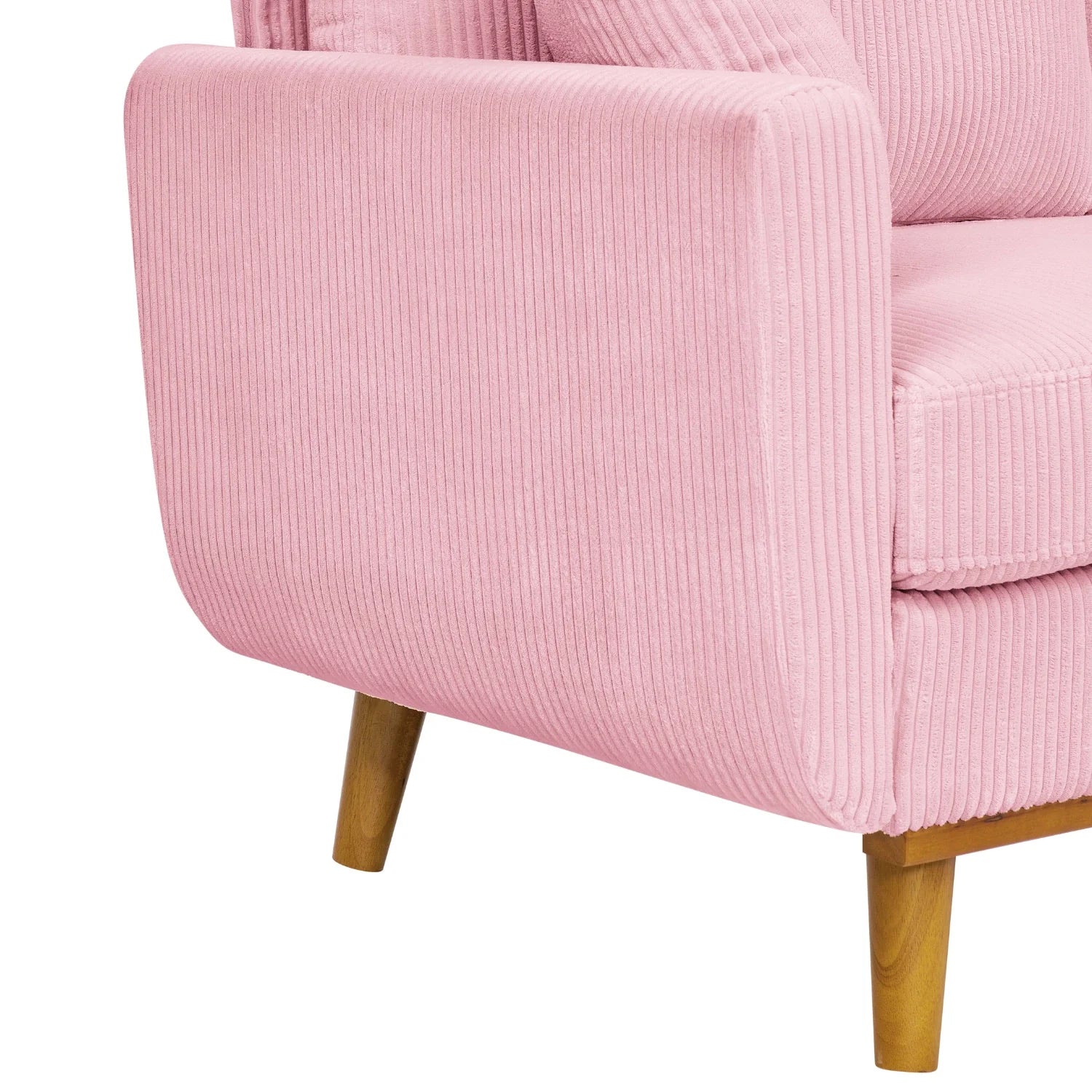 Pink Mid-Century Corduroy 2-Seater Sofa with Solid Wood Legs and Accent Pillows – 65” Asher Couch for Living Room or Apartment