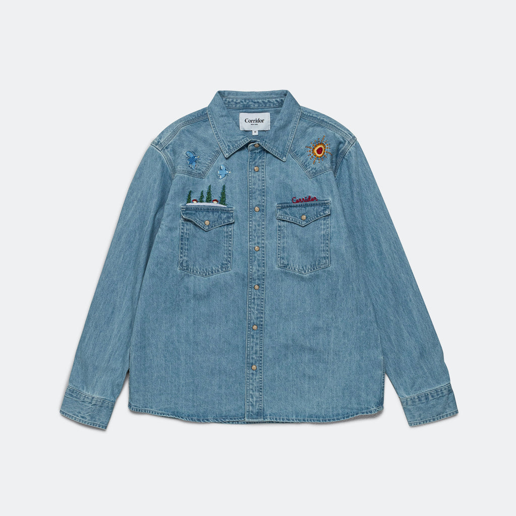 Mountain Western Embroidery Shirt - Indigo