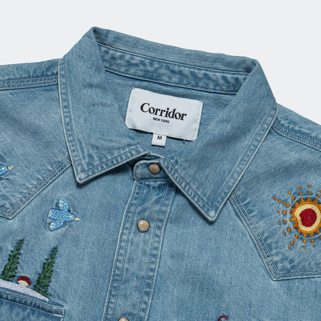 Mountain Western Embroidery Shirt - Indigo