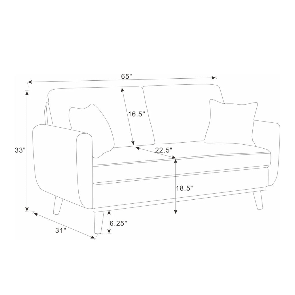 Pink Mid-Century Corduroy 2-Seater Sofa with Solid Wood Legs and Accent Pillows – 65” Asher Couch for Living Room or Apartment