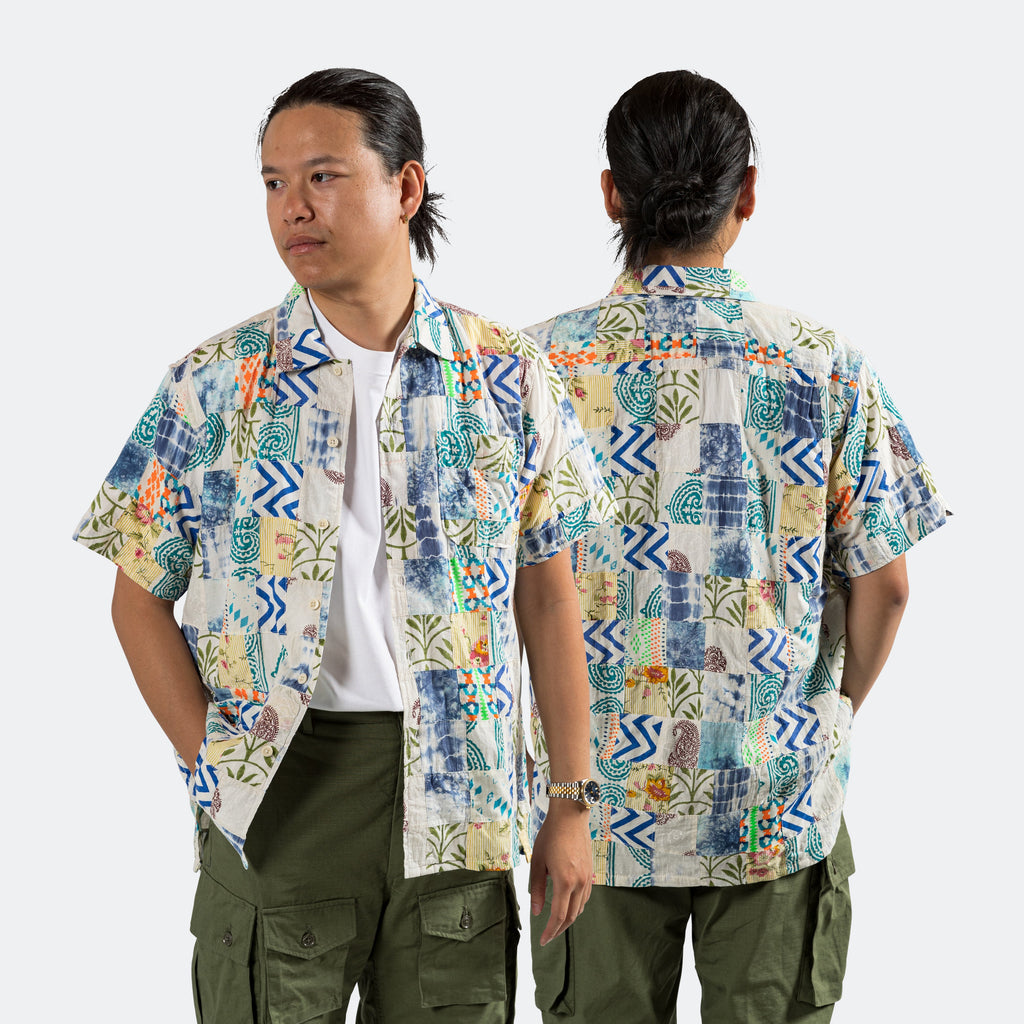 Camp Shirt - White/Blue Ethno Print Patchwork