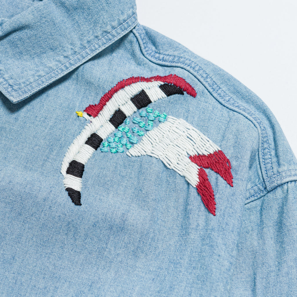 Chambray WORK Shirt (Swallow Embroidery) - Sax