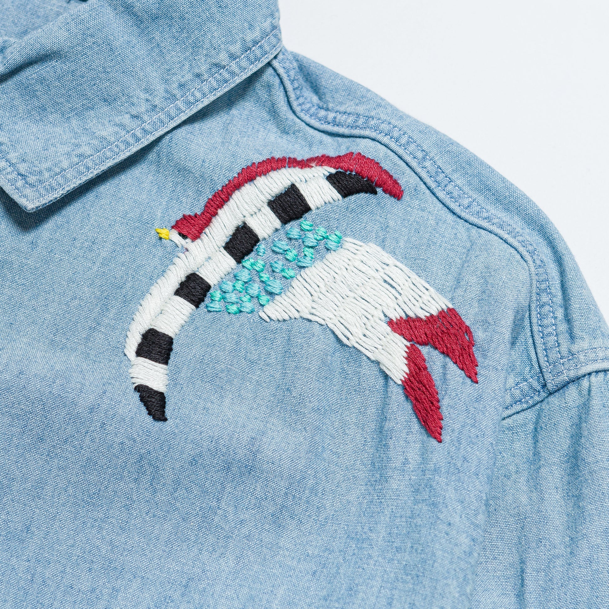 Chambray WORK Shirt (Swallow Embroidery) - Sax