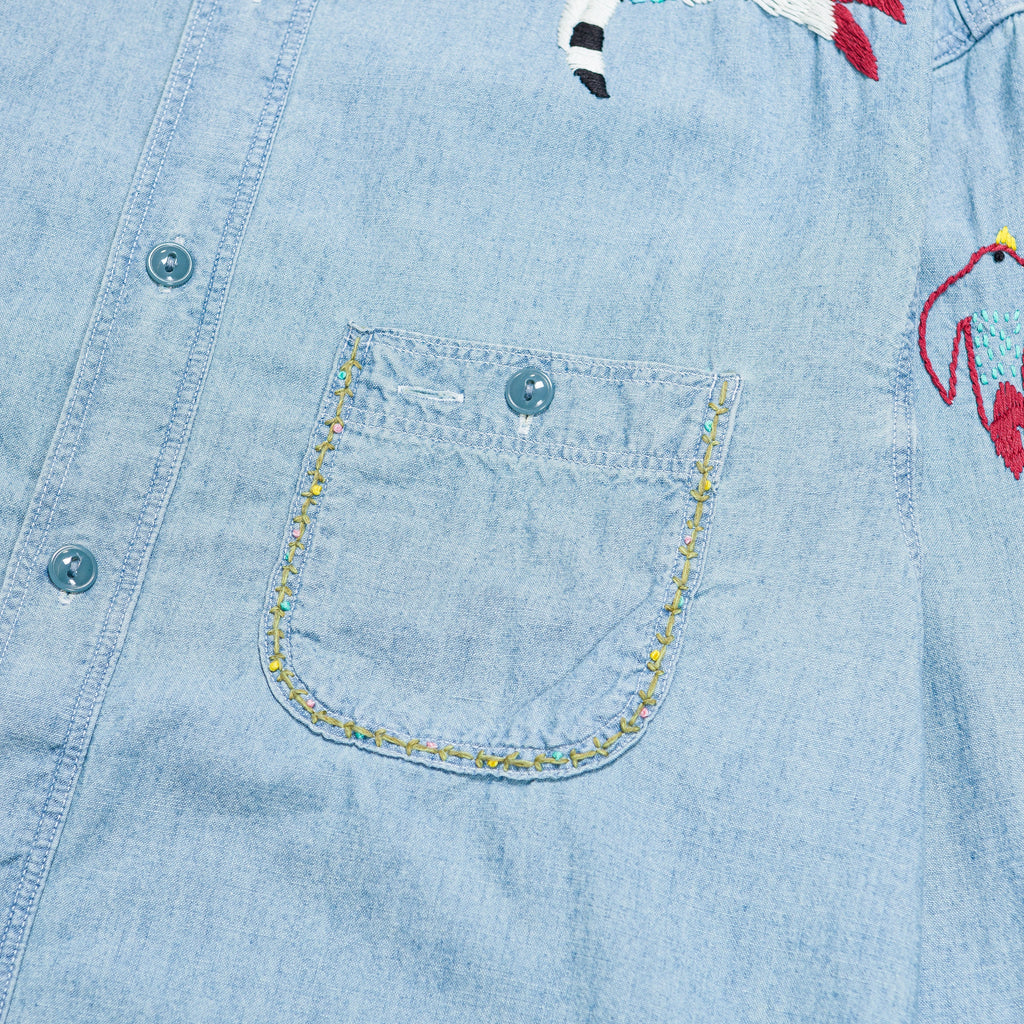 Chambray WORK Shirt (Swallow Embroidery) - Sax