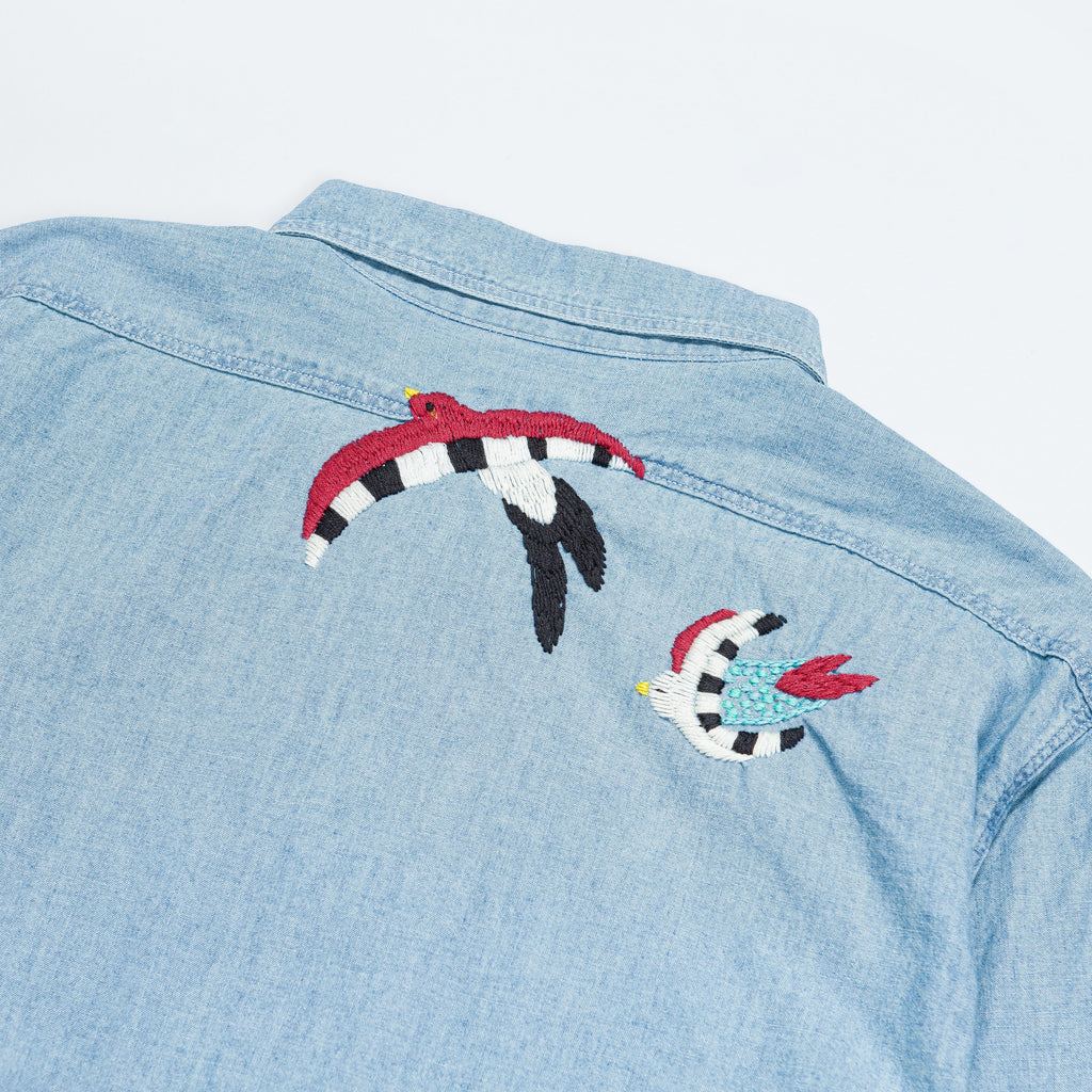 Chambray WORK Shirt (Swallow Embroidery) - Sax