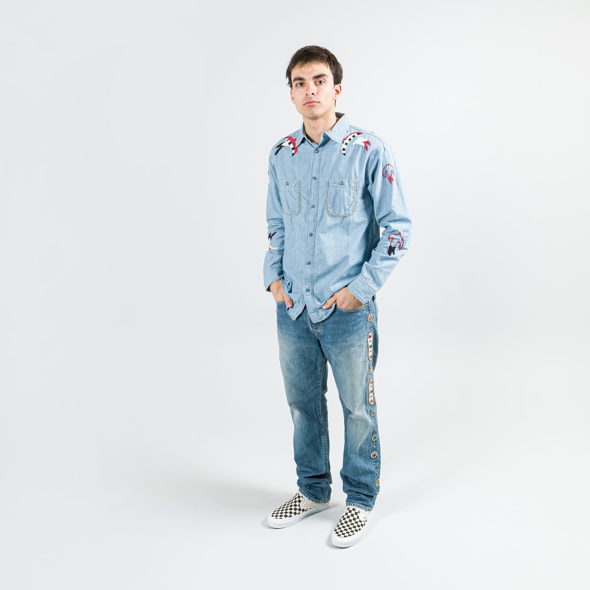 Chambray WORK Shirt (Swallow Embroidery) - Sax