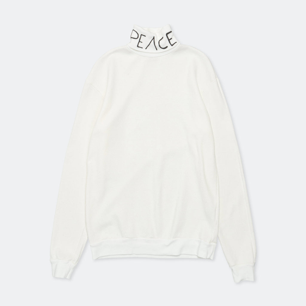 Waffle Jersey High-Neck Long Sleeve T (PEACE Embroidery) - White