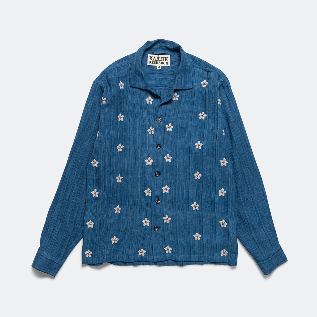 Long Sleeve Camp Shirt Hand Embroidered Flowers - Indigo/Violet