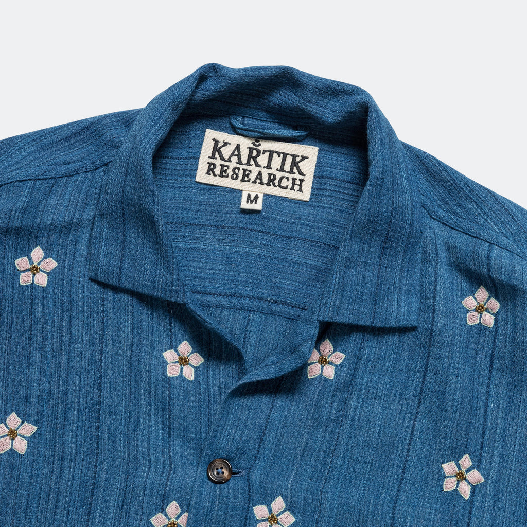 Long Sleeve Camp Shirt Hand Embroidered Flowers - Indigo/Violet