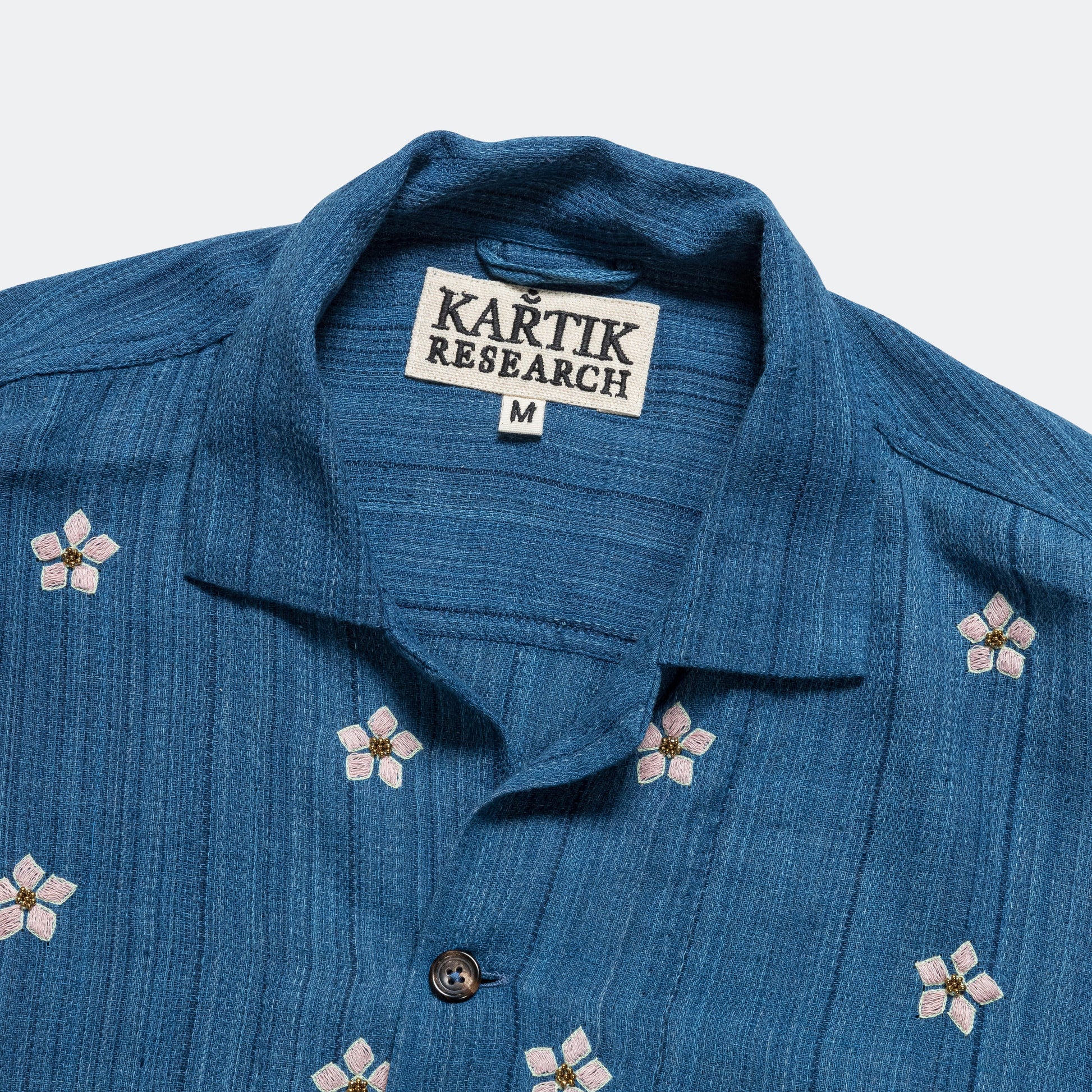 Long Sleeve Camp Shirt Hand Embroidered Flowers - Indigo/Violet