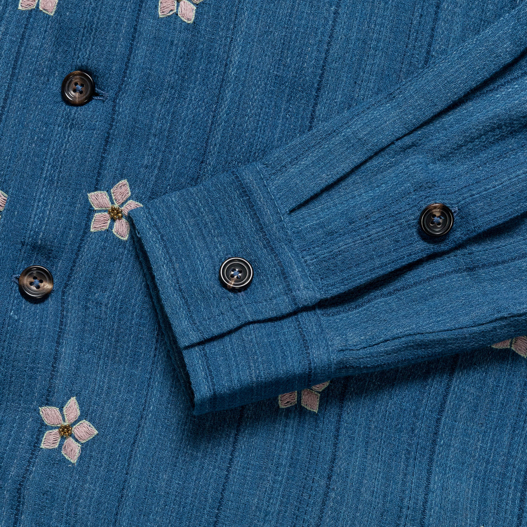 Long Sleeve Camp Shirt Hand Embroidered Flowers - Indigo/Violet