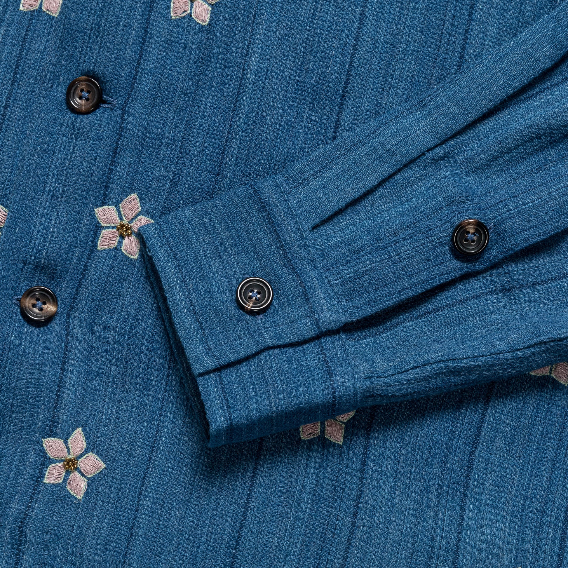 Long Sleeve Camp Shirt Hand Embroidered Flowers - Indigo/Violet