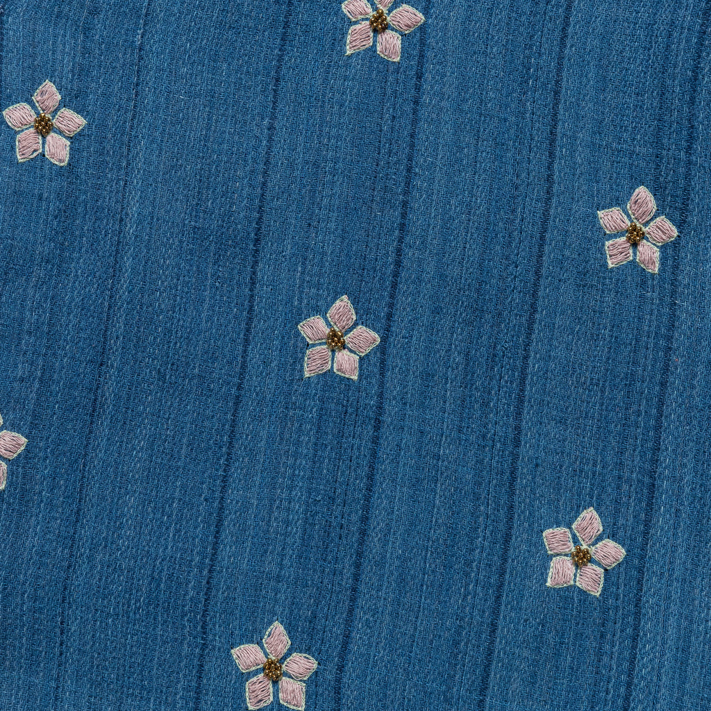 Long Sleeve Camp Shirt Hand Embroidered Flowers - Indigo/Violet