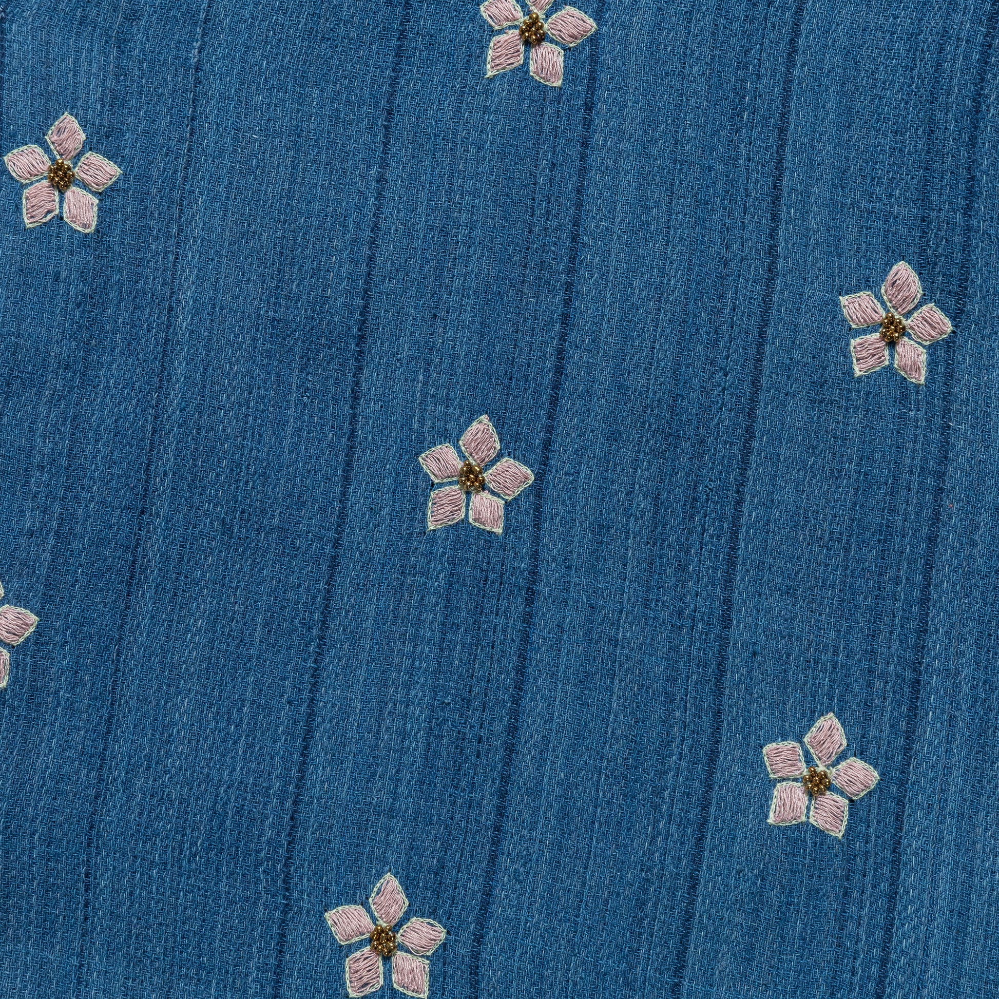 Long Sleeve Camp Shirt Hand Embroidered Flowers - Indigo/Violet