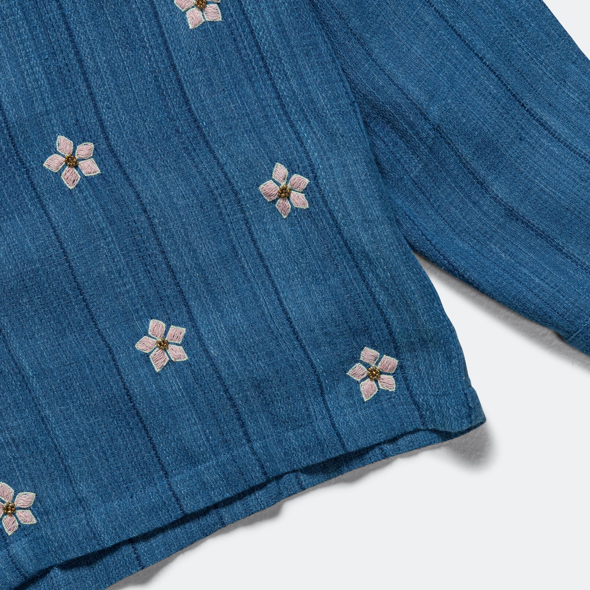 Long Sleeve Camp Shirt Hand Embroidered Flowers - Indigo/Violet