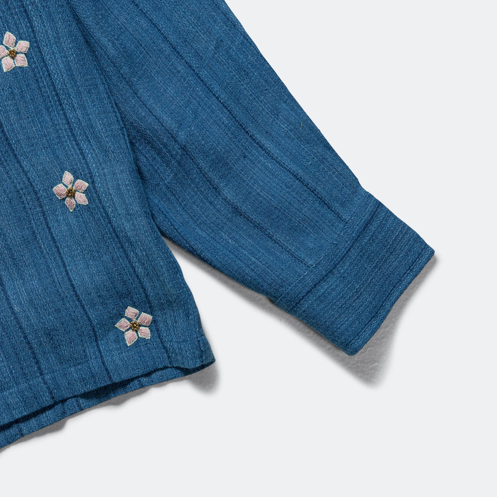 Long Sleeve Camp Shirt Hand Embroidered Flowers - Indigo/Violet