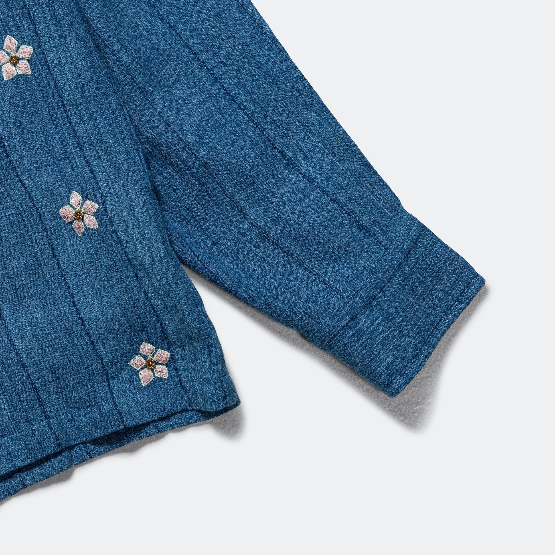 Long Sleeve Camp Shirt Hand Embroidered Flowers - Indigo/Violet