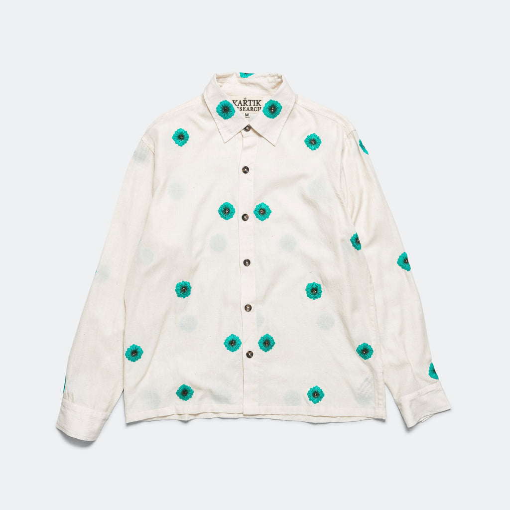 Long Sleeve Hand Embroidered Teal Flowers Shirt - Ecru/Teal
