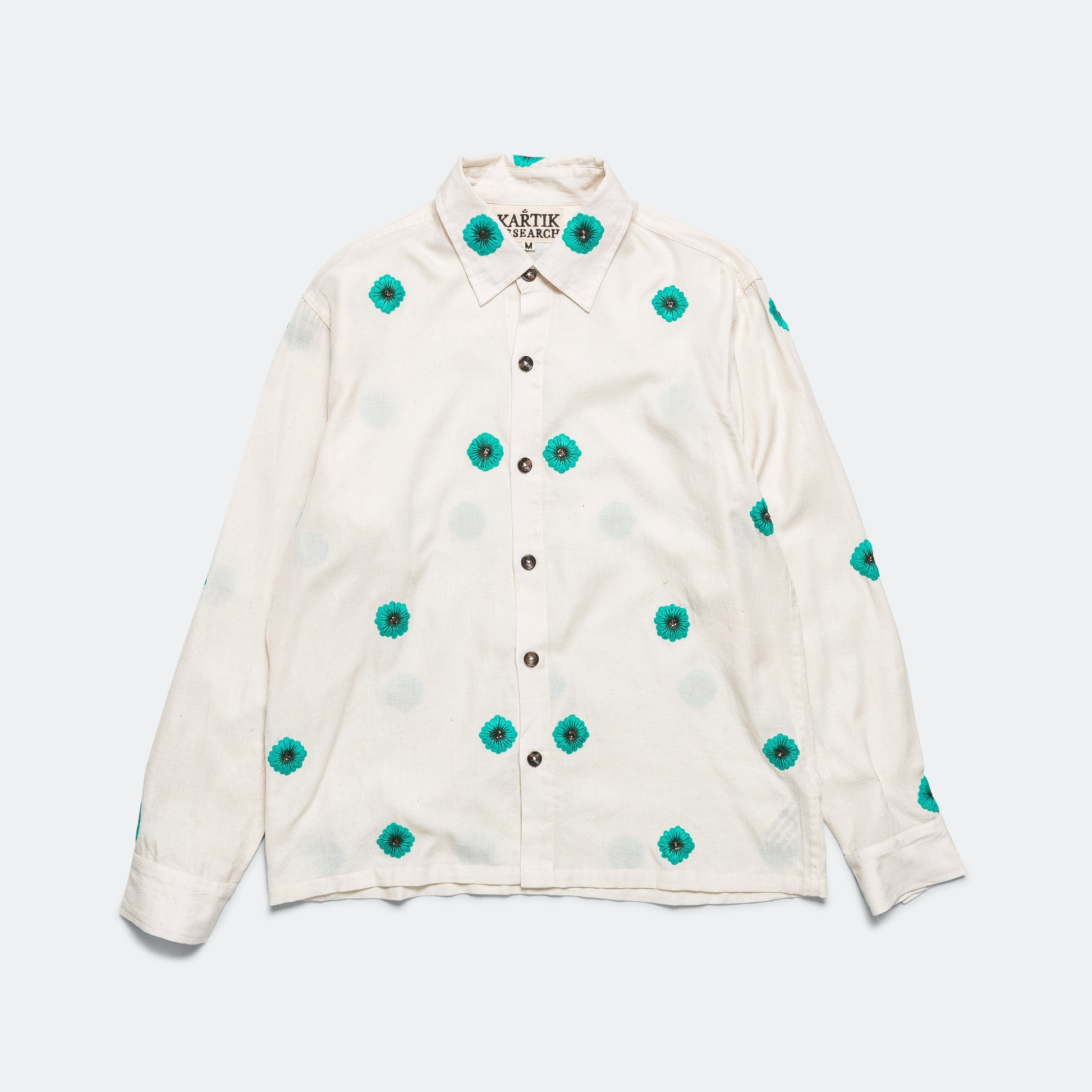 Long Sleeve Hand Embroidered Teal Flowers Shirt - Ecru/Teal