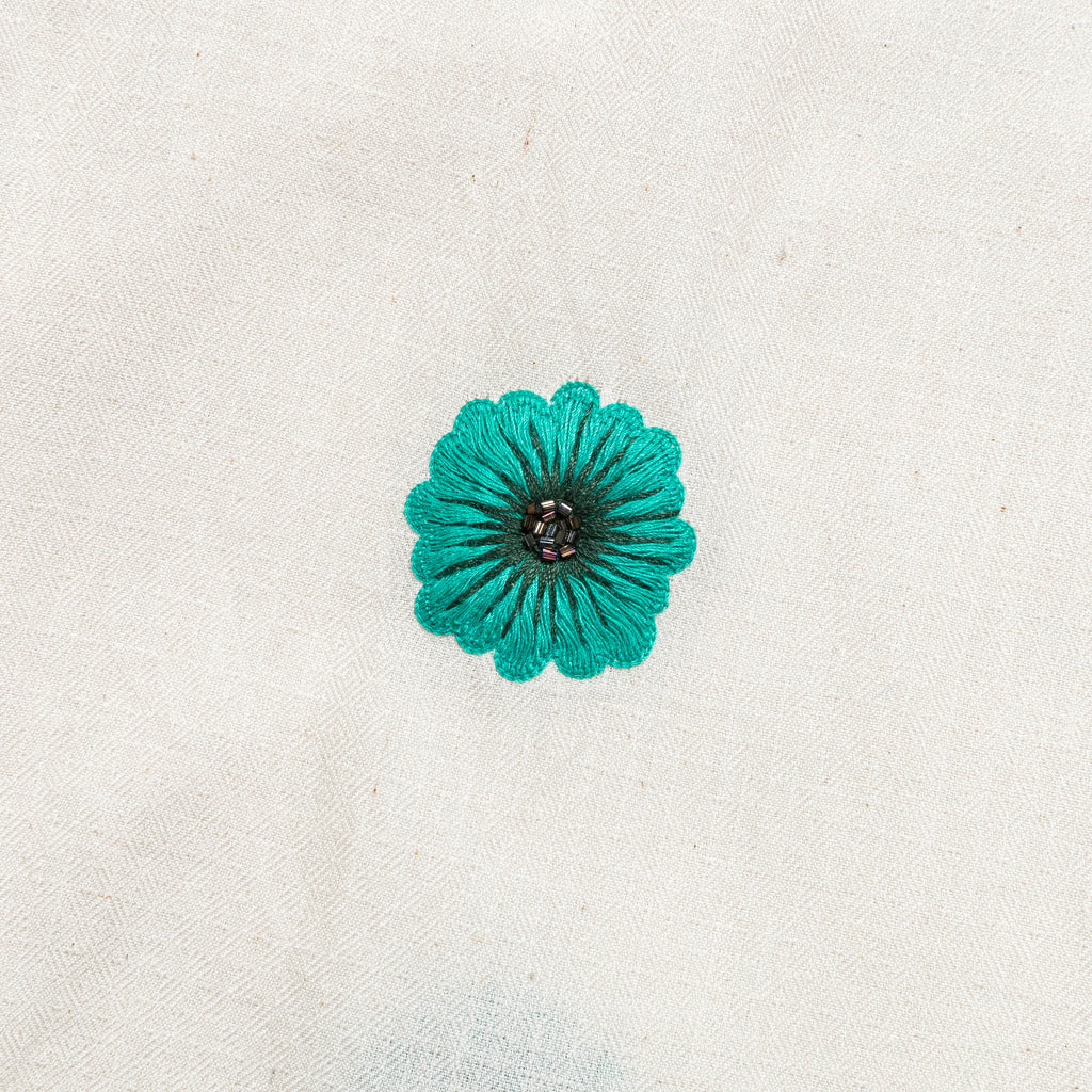 Long Sleeve Hand Embroidered Teal Flowers Shirt - Ecru/Teal