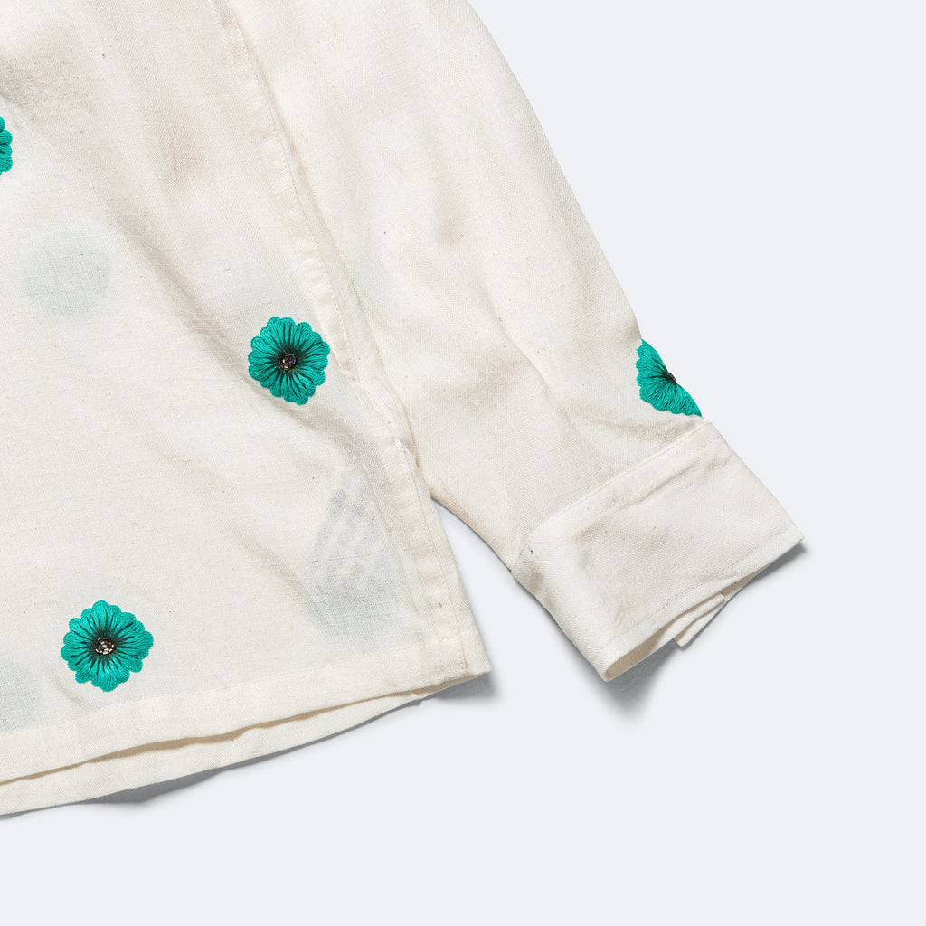 Long Sleeve Hand Embroidered Teal Flowers Shirt - Ecru/Teal