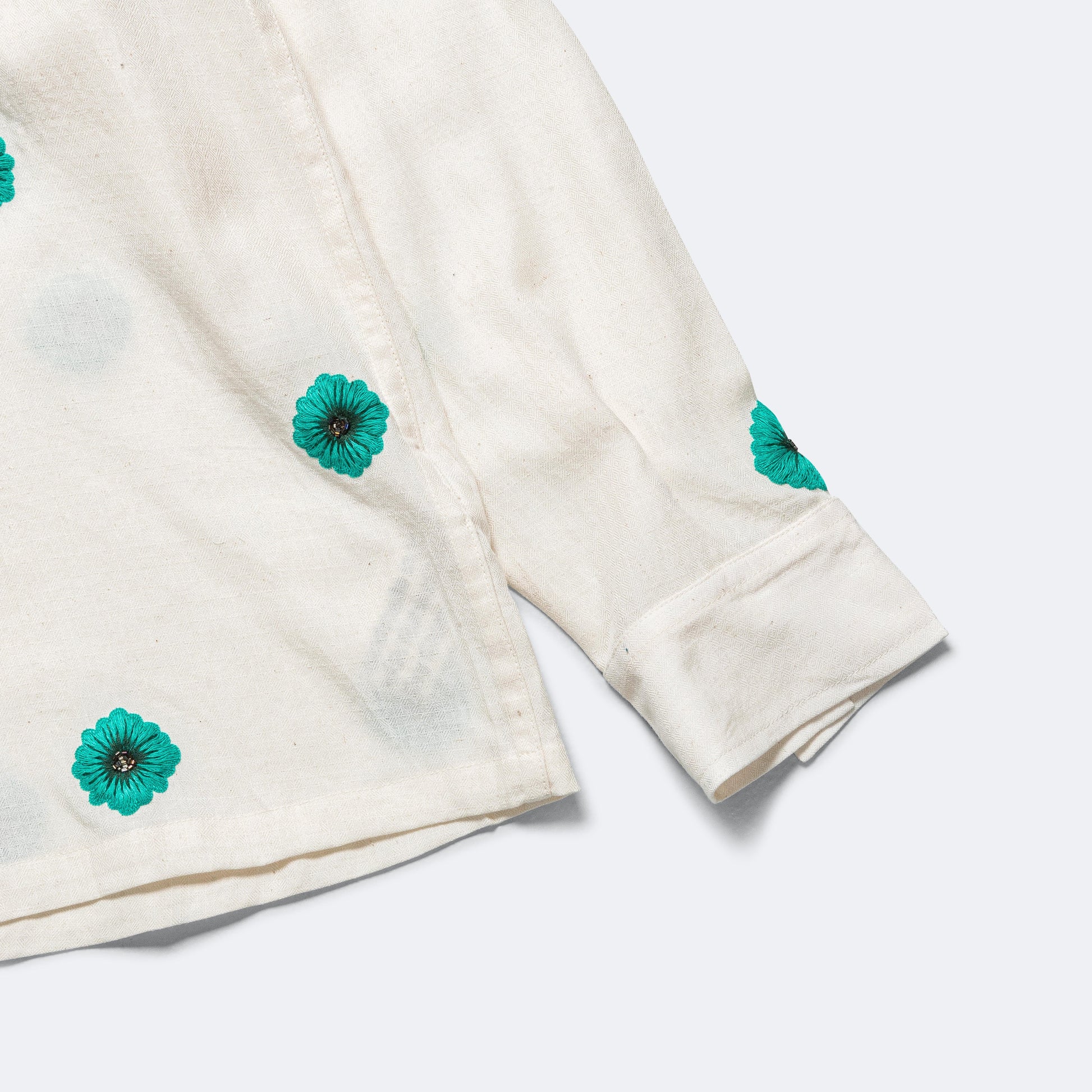 Long Sleeve Hand Embroidered Teal Flowers Shirt - Ecru/Teal