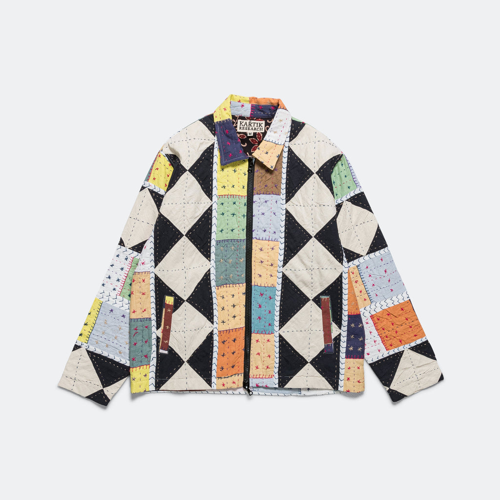 Zip Work Jacket Hand Quilted - White/Brown-Multicolour