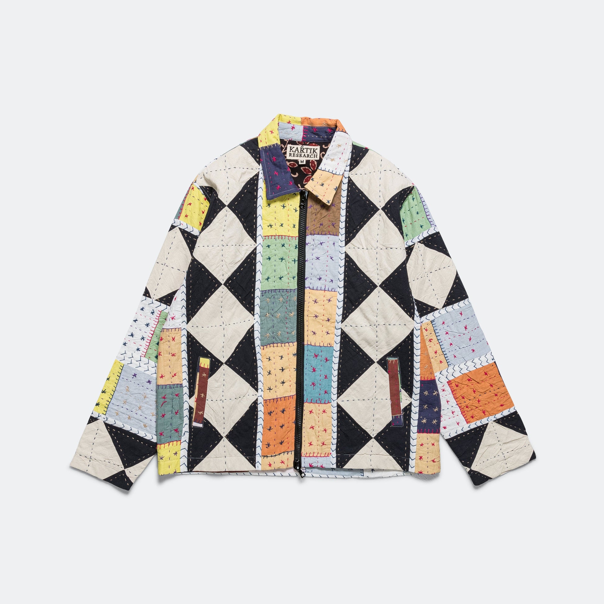 Zip Work Jacket Hand Quilted - White/Brown-Multicolour