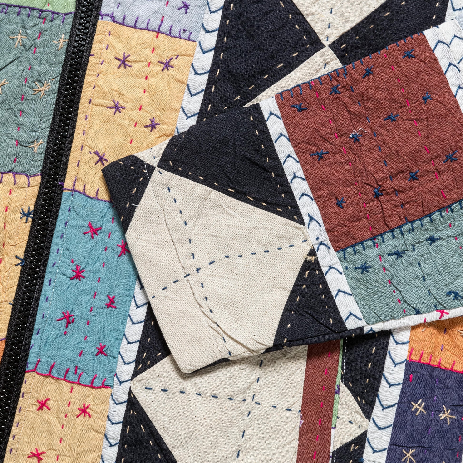 Zip Work Jacket Hand Quilted - White/Brown-Multicolour