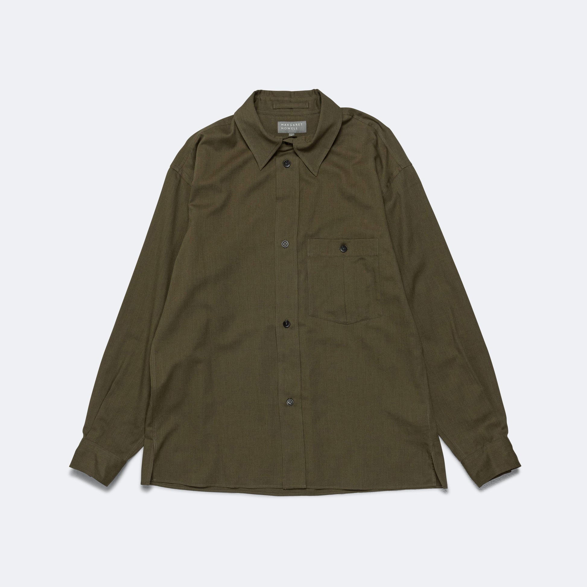 Inverted Pocket Shirt - Khaki Green Cotton Wool Twill