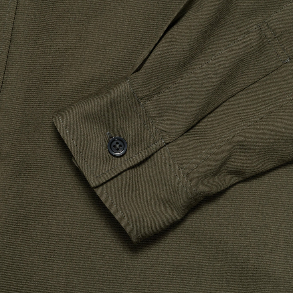 Inverted Pocket Shirt - Khaki Green Cotton Wool Twill