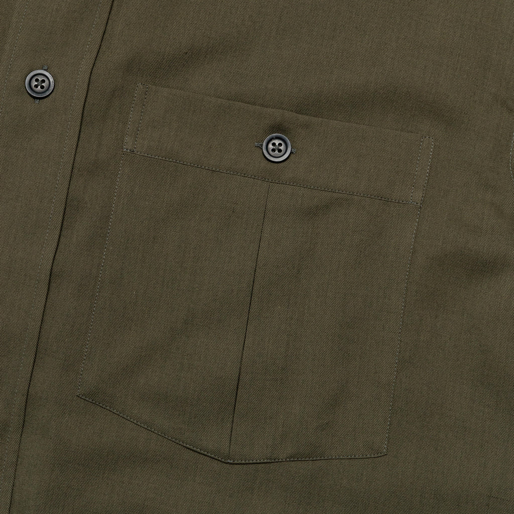 Inverted Pocket Shirt - Khaki Green Cotton Wool Twill