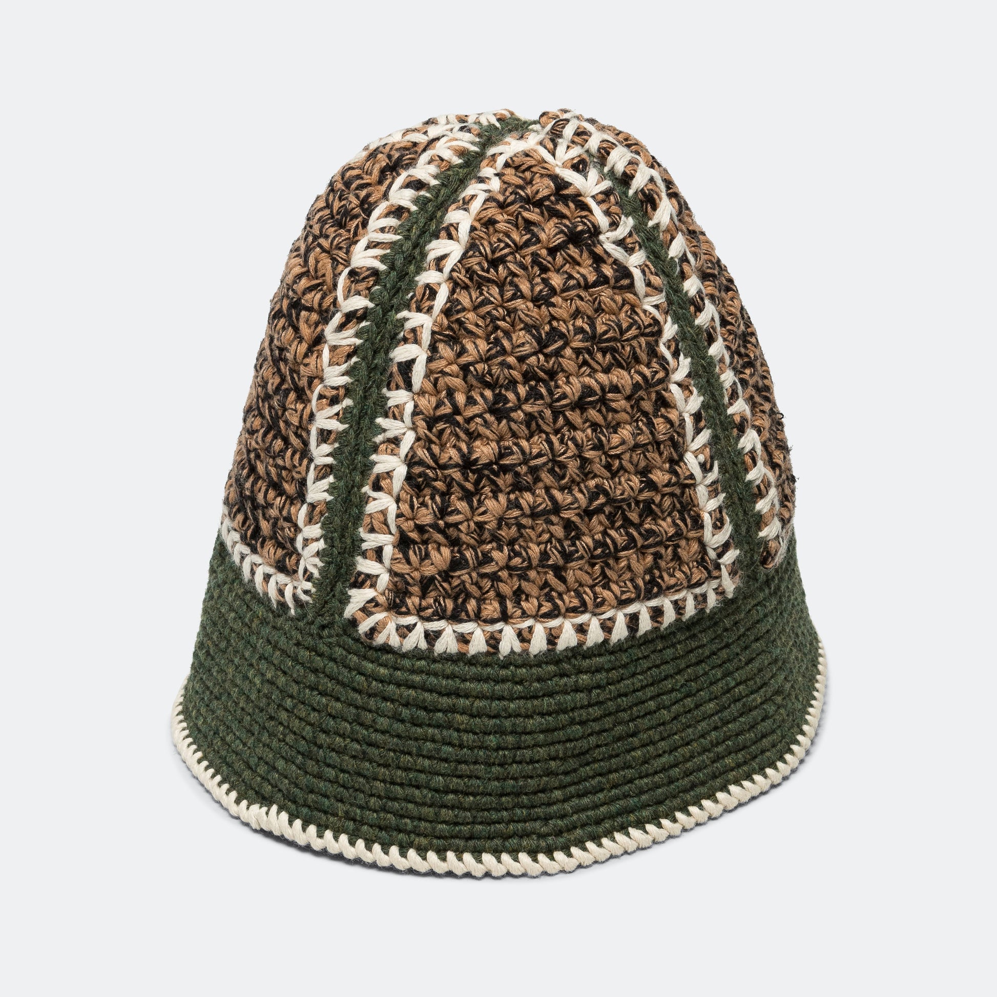 Hand Crochet Bucket Hat - Black/Olive/Sand