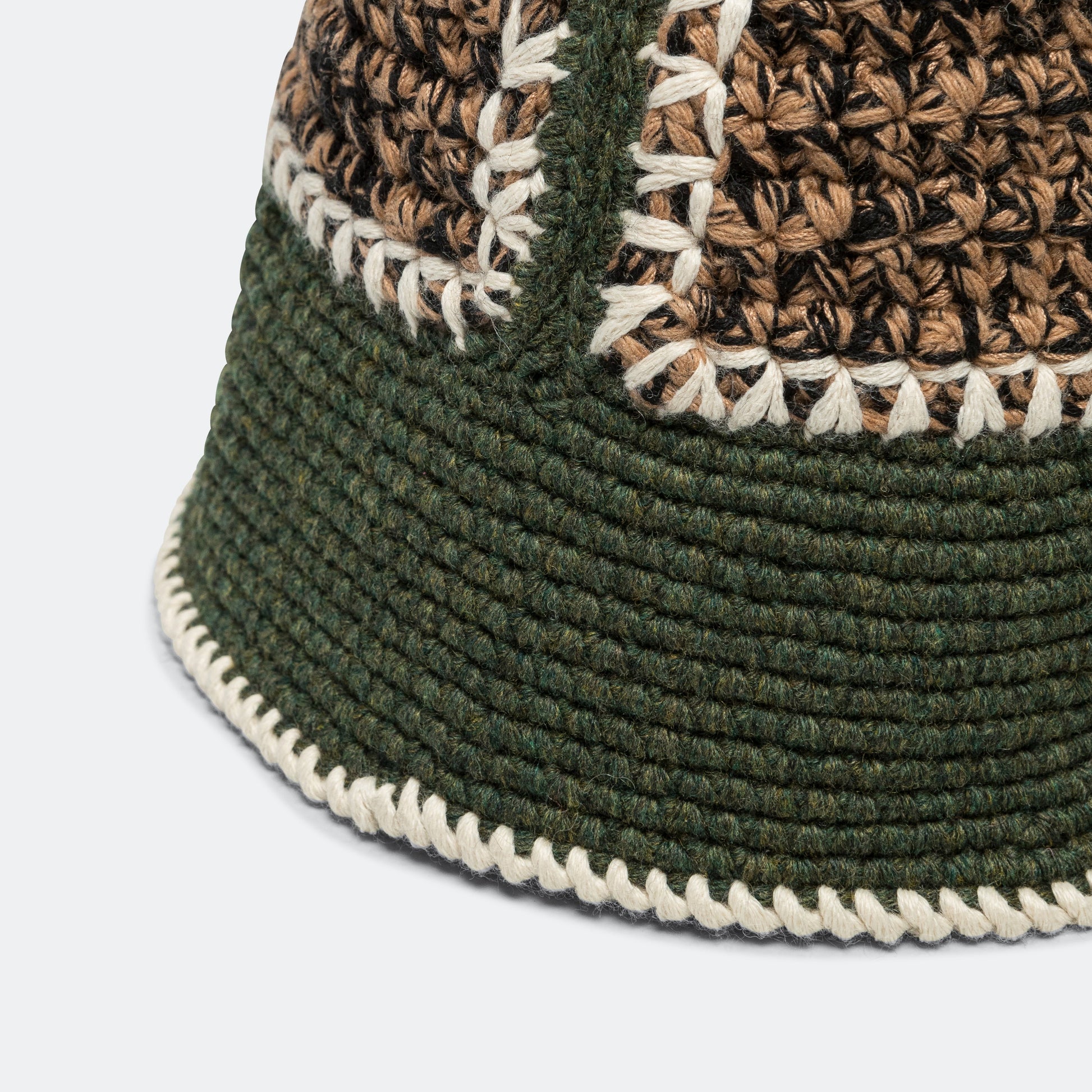 Hand Crochet Bucket Hat - Black/Olive/Sand