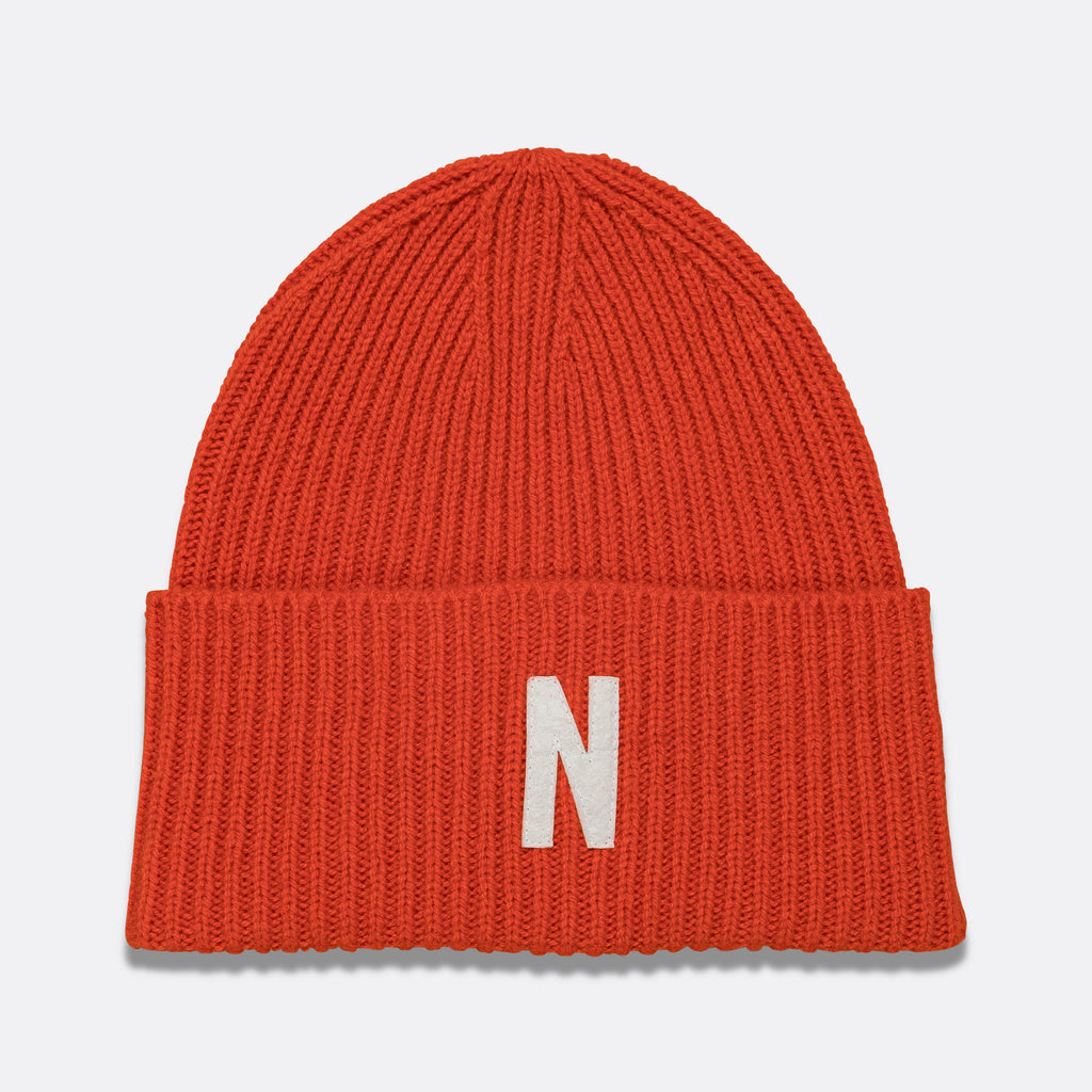 Merino Lambswool Rib N Logo Beanie - Blood Orange