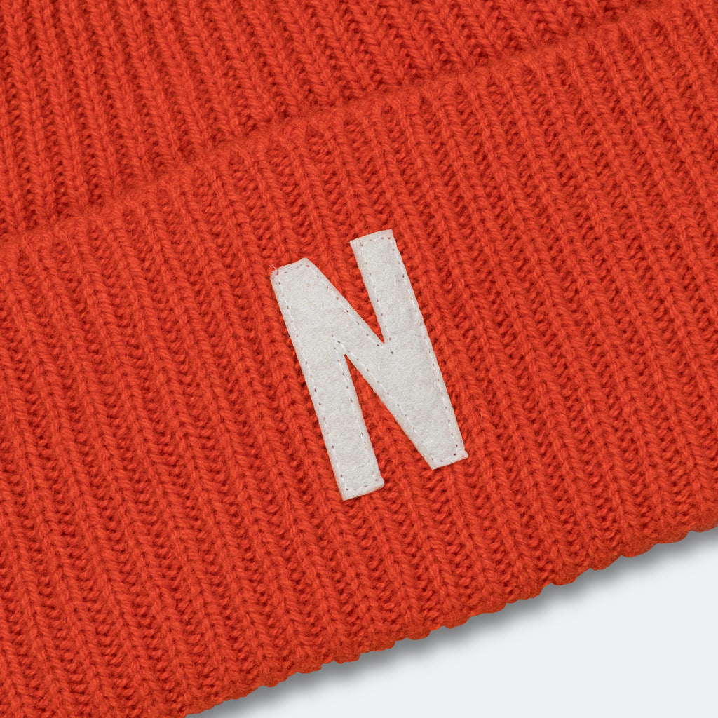 Merino Lambswool Rib N Logo Beanie - Blood Orange