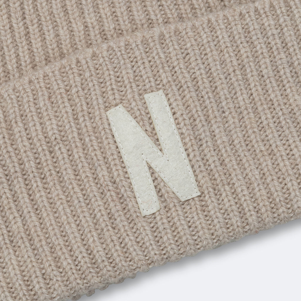 Merino Lambswool Rib N Logo Beanie - Oatmeal
