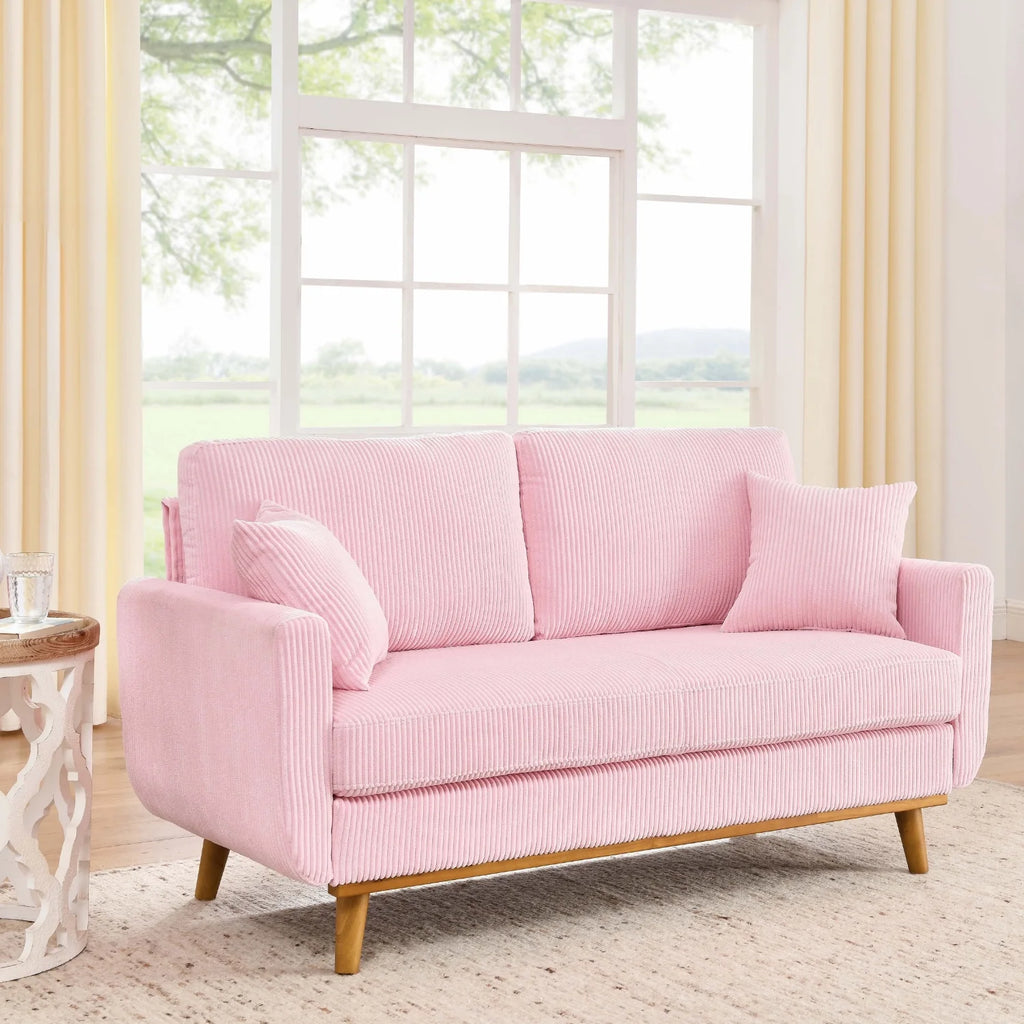 Pink Mid-Century Corduroy 2-Seater Sofa with Solid Wood Legs and Accent Pillows – 65” Asher Couch for Living Room or Apartment