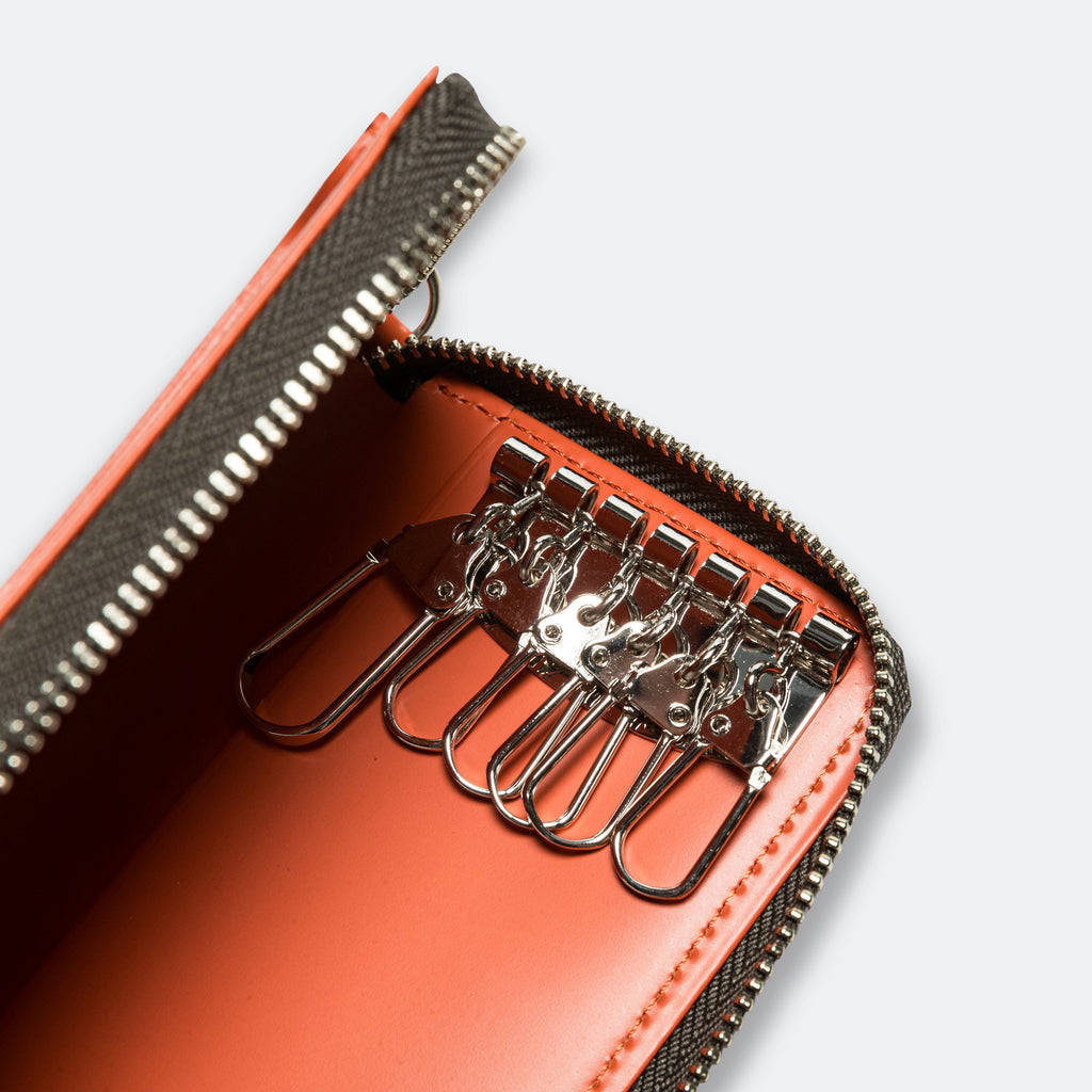 PS Leather Wallet Zip Key Case (Glass Leather) - Orange/Khaki