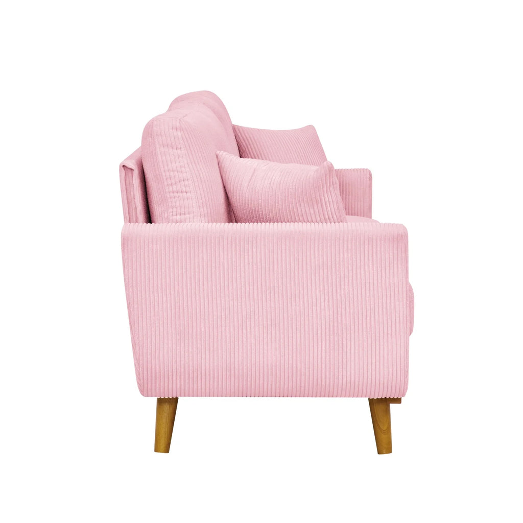 Pink Mid-Century Corduroy 2-Seater Sofa with Solid Wood Legs and Accent Pillows – 65” Asher Couch for Living Room or Apartment