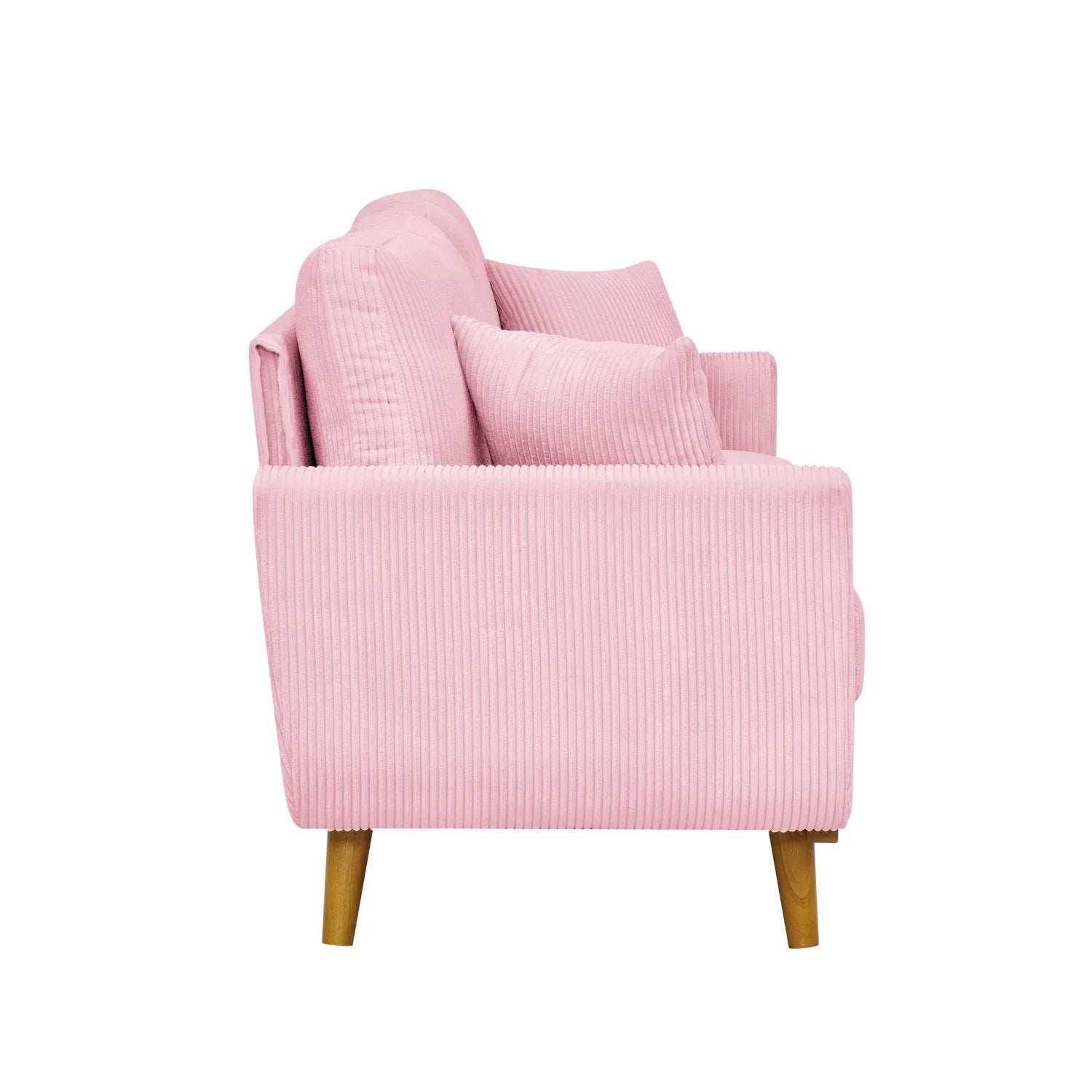 Pink Mid-Century Corduroy 2-Seater Sofa with Solid Wood Legs and Accent Pillows – 65” Asher Couch for Living Room or Apartment