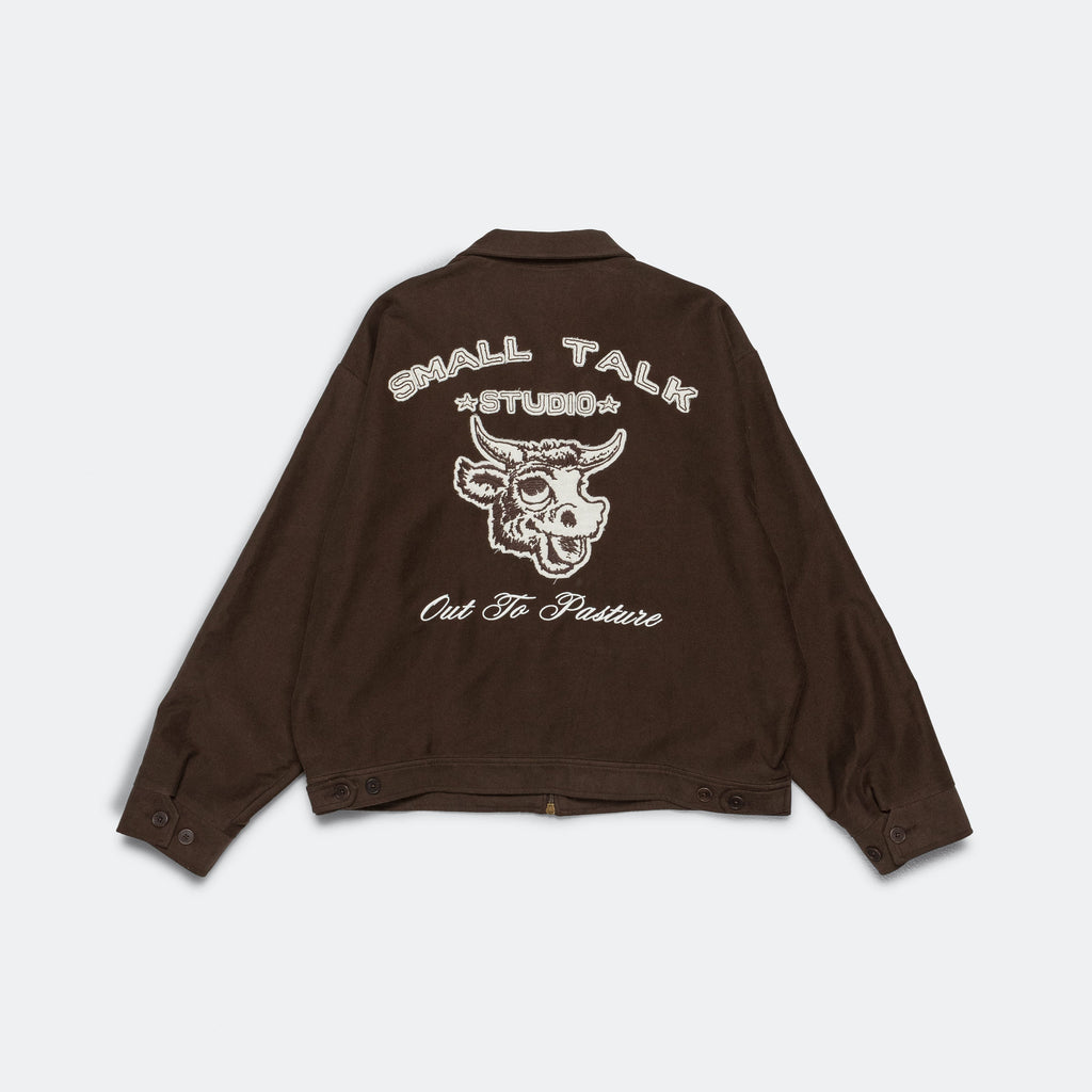 Zip Front Jacket 'Out To Pasture' Appliqué - Dark Brown