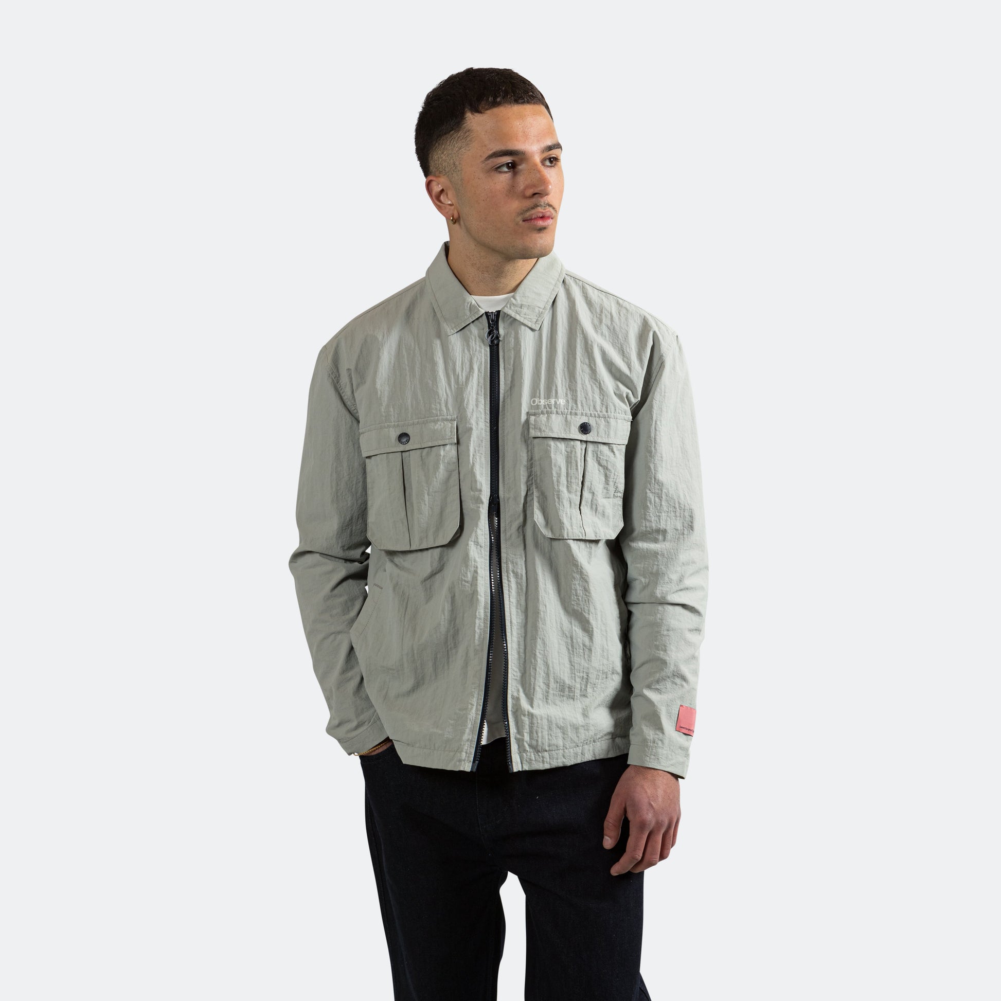 Nylon Crinkle Zip-Up Jacket - Grey