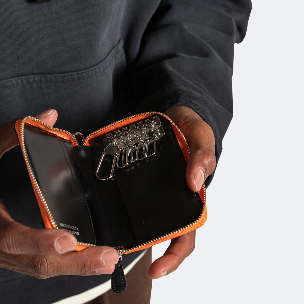 PS Leather Wallet Zip Key Case (Glass Leather) - Black/Orange