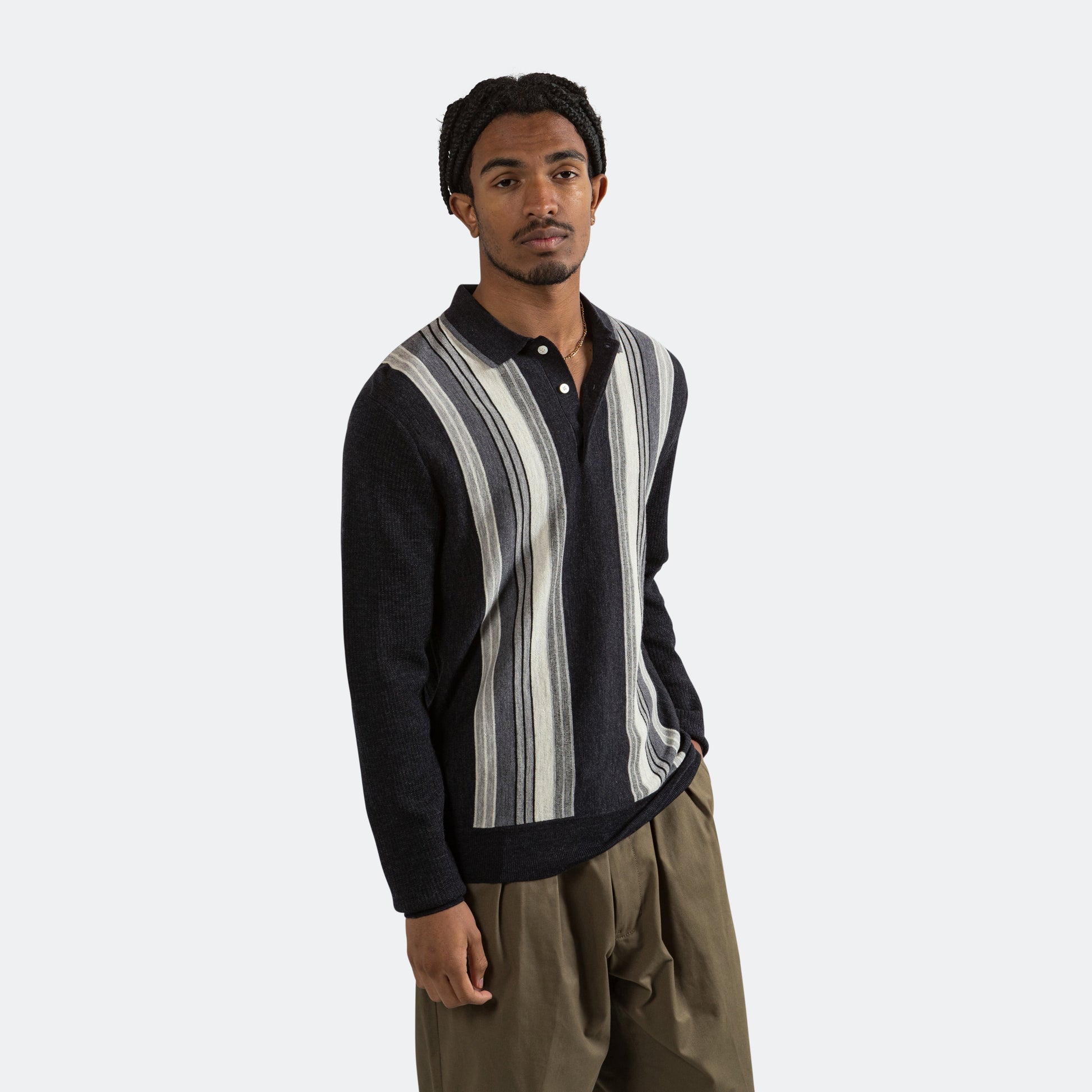 Knit Polo Stripe - Charcoal Grey