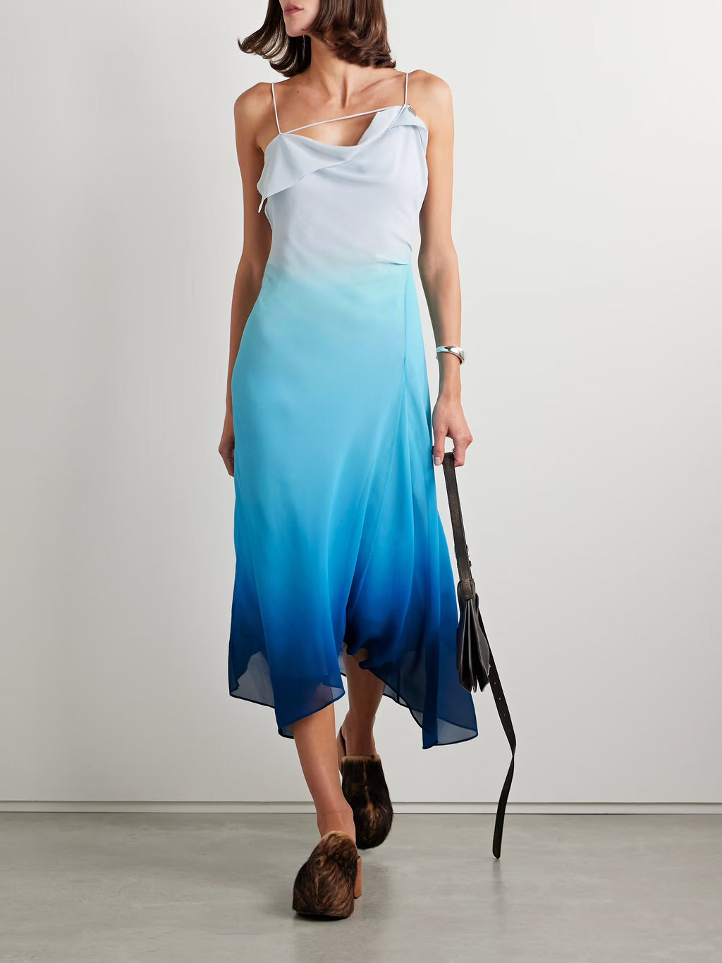Draped asymmetric embellished ombré crepe midi dress - Blue