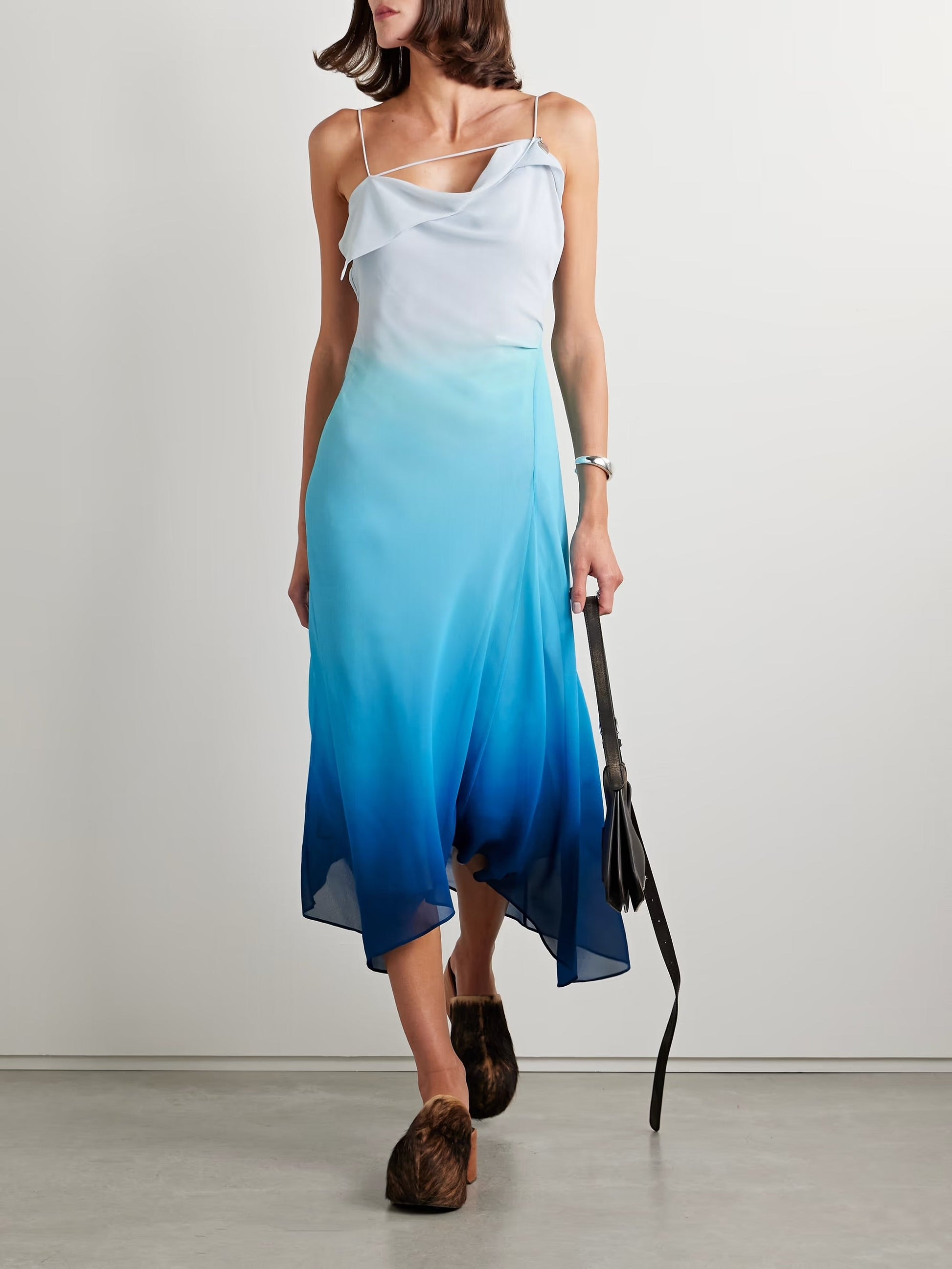 Draped asymmetric embellished ombré crepe midi dress - Blue