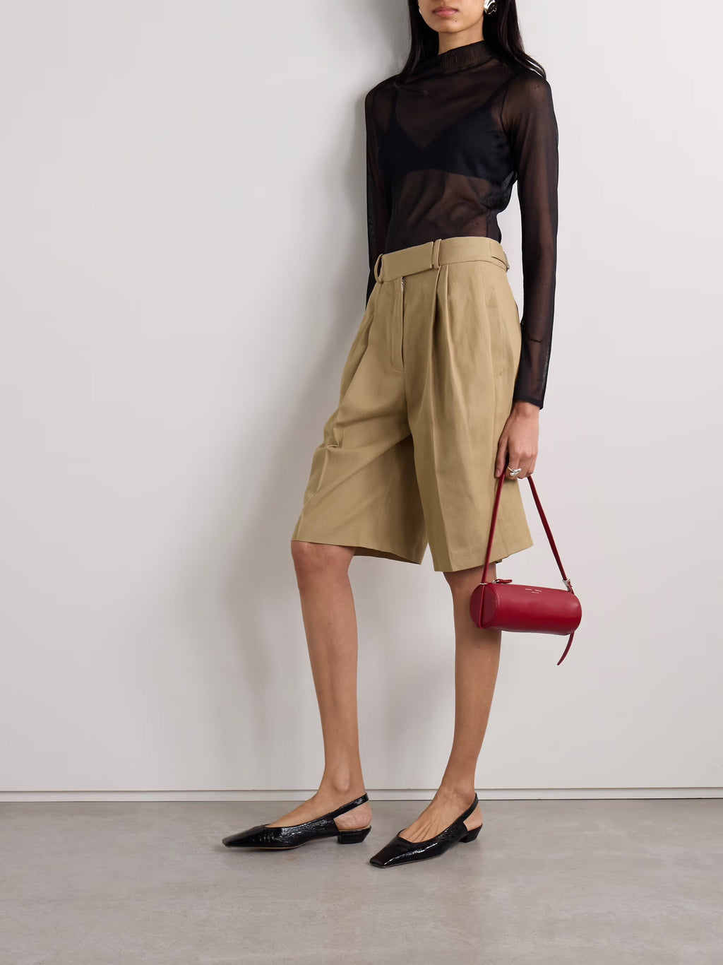 Jenny pleated cotton and linen-blend twill shorts - Beige